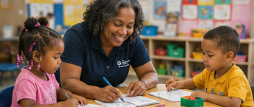 Staff member helping children with schoolwork