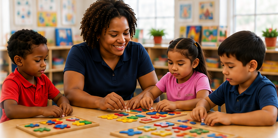 Head Start teacher working with children on a learning activity