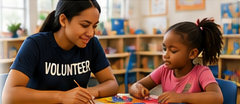 Volunteer helping a child with a classroom activity