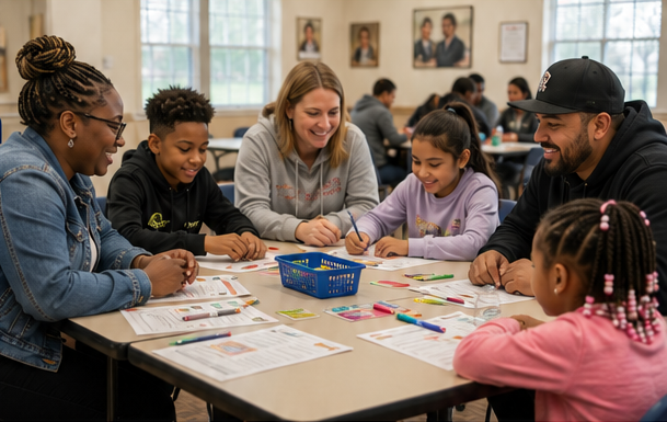 Families gathered around a table doing an SFP activity together